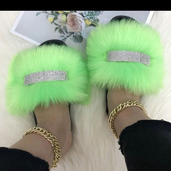 NWOT Faux Fur Neon Slides - Picture 1 of 8